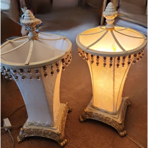 Pair of Beaded Trim Pacific Rim Lamps 16 T to Top of Finial 