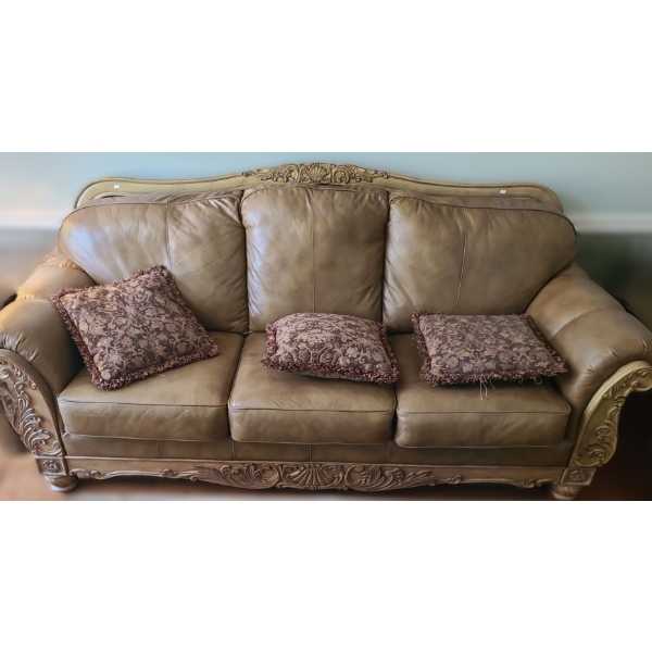 Leather 3 Seat Sofa w/ Carved Shell Detail 96 W, 39 D, 42 T 