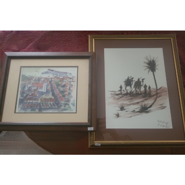 Waterside Town 17 X 13 and Desert Scene 16 X 20  (Artist Illegible) 