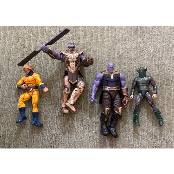 Marvel 2018 Avengers Endgame Thanos, Marvel 2017 Thanos, Marvel Legends Sentry, Marvel Whirlwind l
