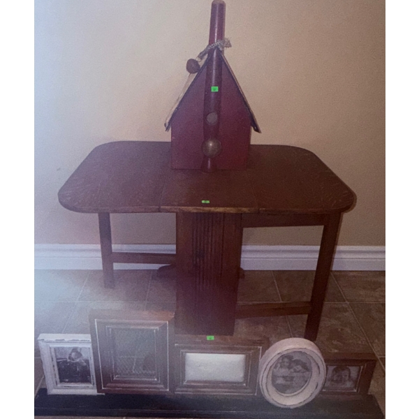 Wood Drop Leaf Table with Birdhouse and Photo Frames