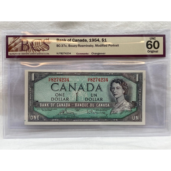 Graded Canadian 1954 Mod. Portrait $1 UNC Prefix: H/F	
