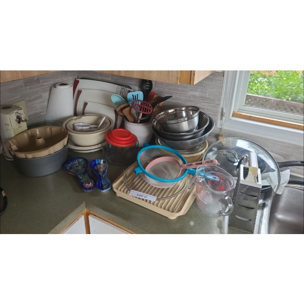 Asst Kitchen Essentials incl Frying Pans, Mixing Bowls, Fire King Measuring Cups & more
