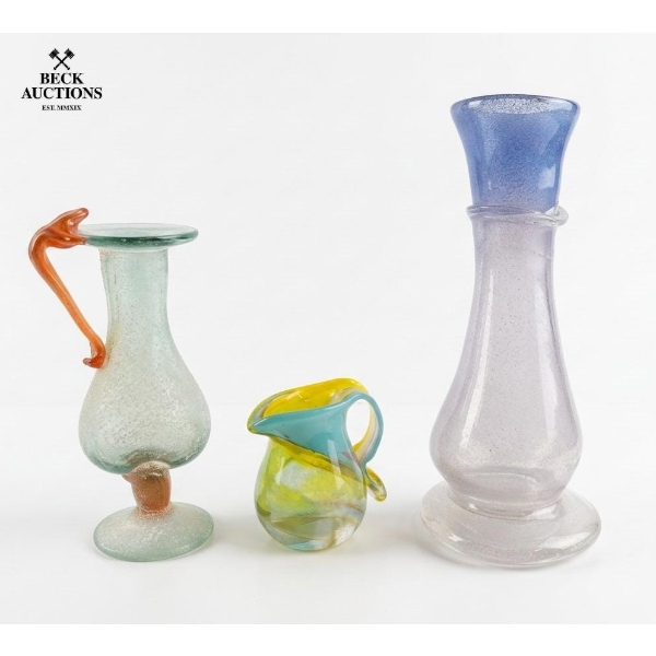 Collection Of Three Distinct Art Glass Pieces, Vase11''INCHES H , 8''INCHES H , Pitcher 4''INCHES H