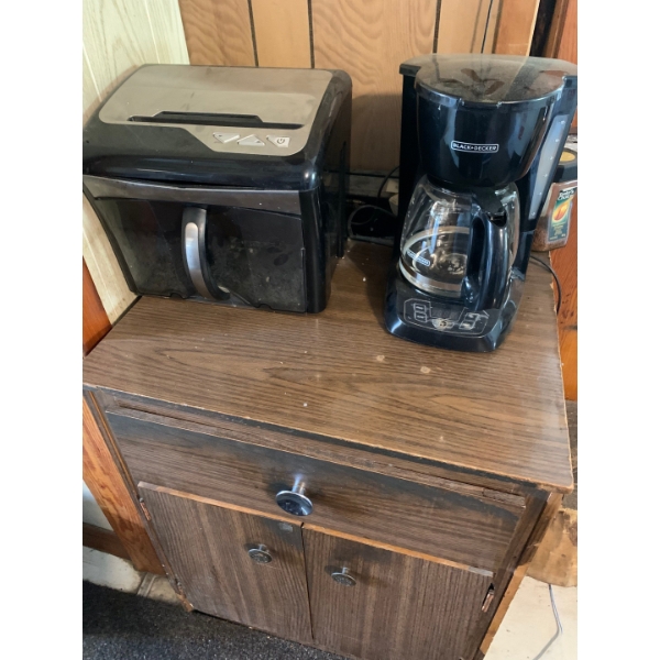 stand, coffee pot, paper shredder 