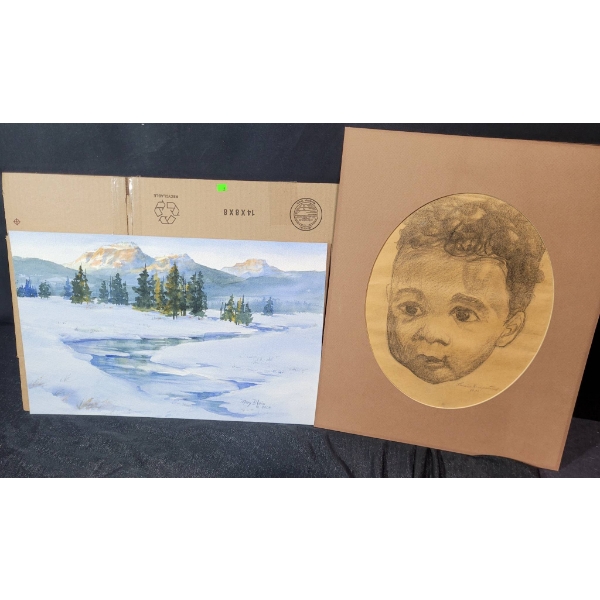 Two Artworks: Signed Watercolor Landscape and Graphite Portrait