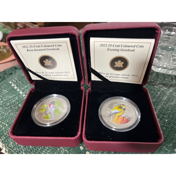 2 2012 $.25 Coloured Coins With Birds On Them From The Royal Canadian Mint