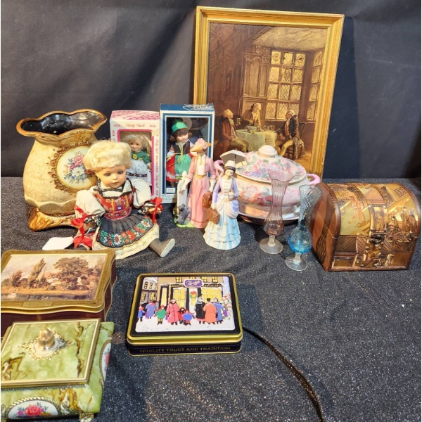 Collectibles- Framed Print, Dolls, Ceramic Vase, and Decorative Boxes
