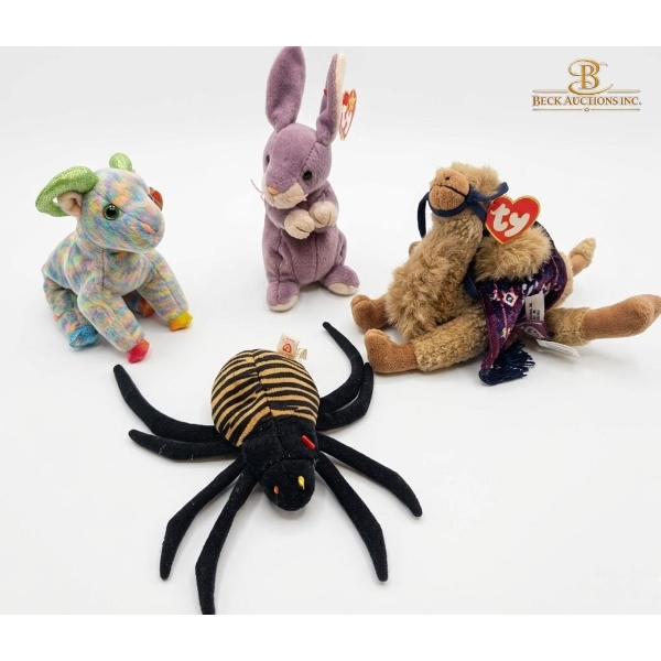 Plush Toys Ty Beanie Babies, Spinner The Spider , Purple Bunny, Rainbow Goat, Lawrence The Camel.