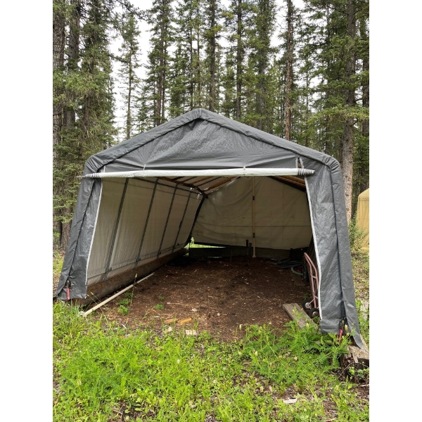  Gray shelter, logic, carport buyer must disassemble and removed from location, no shipping for this