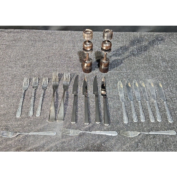 Henkel Steak Knives and Assorted Vintage Cutlery with Wooden Candle Stick Holders