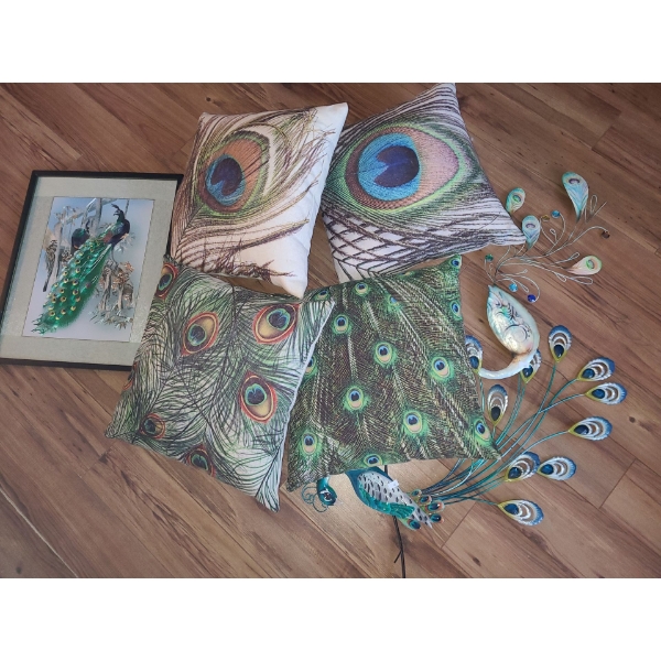 Peacock Decor Including: Picture 16 X 20, Two Metal Wall Ornaments, and Cushions