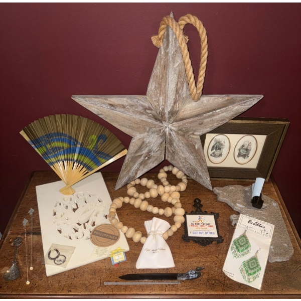 Home Accents & Charms - Large Wood Star 14"Tall Asian Fan Stone Art Ptayer Beads & More 
