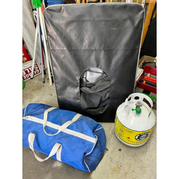Icefishing tent , camping tent frame /tarp inside blue duffle bag, and new propane tank filled