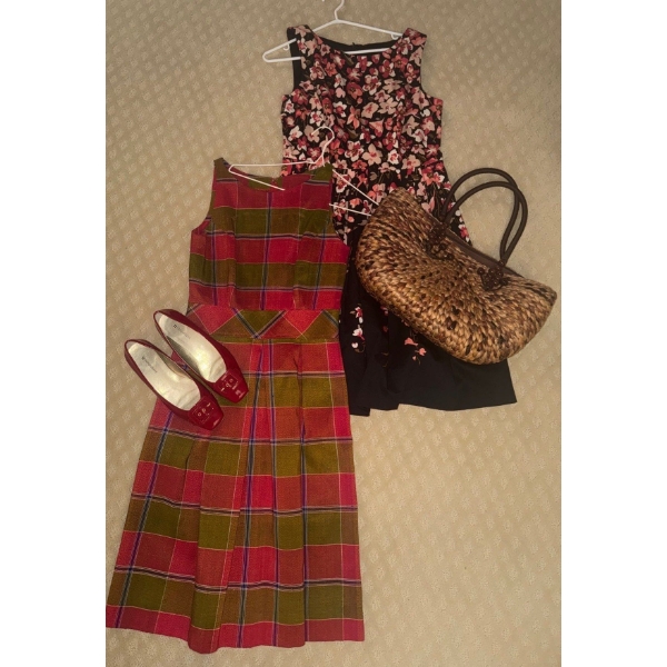 Collection Of Ladies Apparel & Accessories - Red/Olive Tartan Plaid Dress Woven Handbag & more