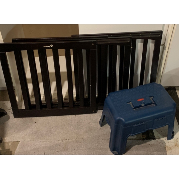 2 Mahogany Baby Gates w/ Step Stool/Storage Vessel