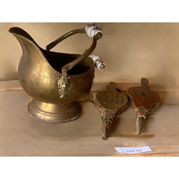 Vintage Brass Bucket w Porcelain Handles & Pair Antiques Fireplace Bellows