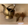 Vintage Brass Bucket w Porcelain Handles & Pair Antiques Fireplace Bellows