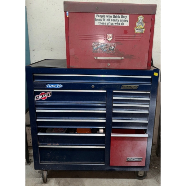 Husky Rolling Blue Tool Cabinet w/Multiple Drawers & Smaller Red Tool Box (Some Tools)