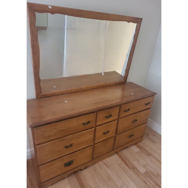 Wooden Dresser 58 W, 16.5 D, 30 T w/ Mirror 47 x 31.5, Two Handles Detached/ One Included 