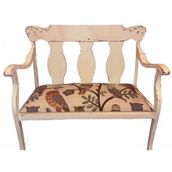 Painted Wood Settee with Upholstered Owl Motif Seat