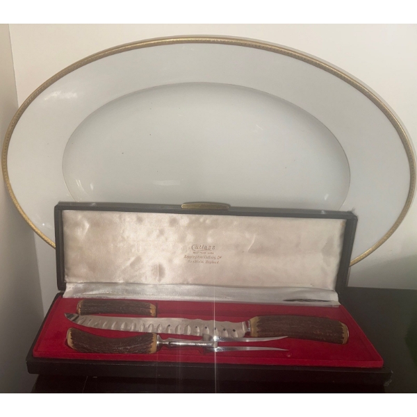 Leppington Sheffeild Butlers Cutlass Carving Set w/ Limoge Elite Works Porcelain Platter 21"Long 