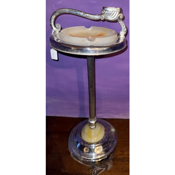 Chrome Freestanding Ashtray or Smoking Stand w/Agate  Glass Insert & Lighter  34"tall