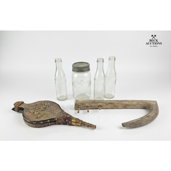  Vintage "Crown" Mason Jar, Several Clear Glass Bottles, Fireplace Bellows ,Hand-Carved Wooden Hook.