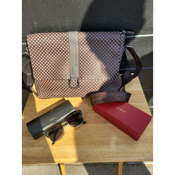Genuine Leather Salvador Ferragamo Messenger Bag w/ Cartier Sun Glasses