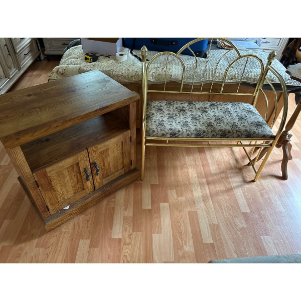 Brass bench with lovely embroidered seating area with vintage side table & wood TV stand on rollers 