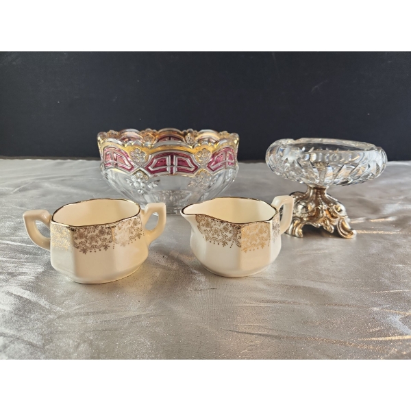 Vintage Tablewares Including Cream and Sugar Pots, Pressed Glass Fruit Bowl, and a Footed Compote