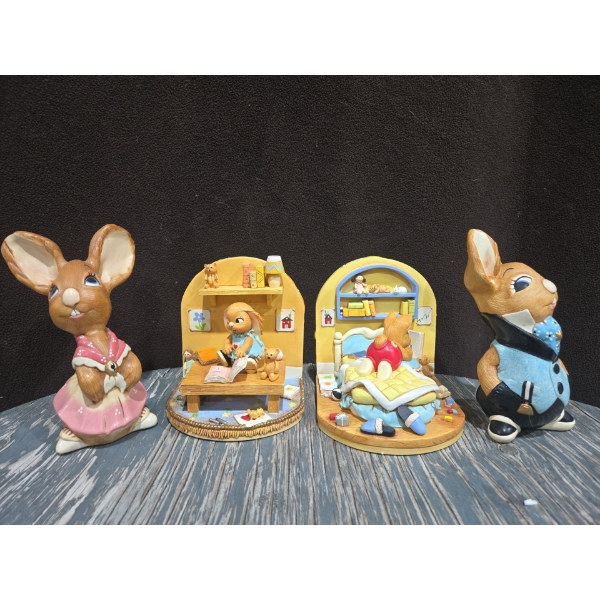Pendelfin Bookends Boy & Girl + Pendelfin "Mother Rabbit" & "Uncle Soames"