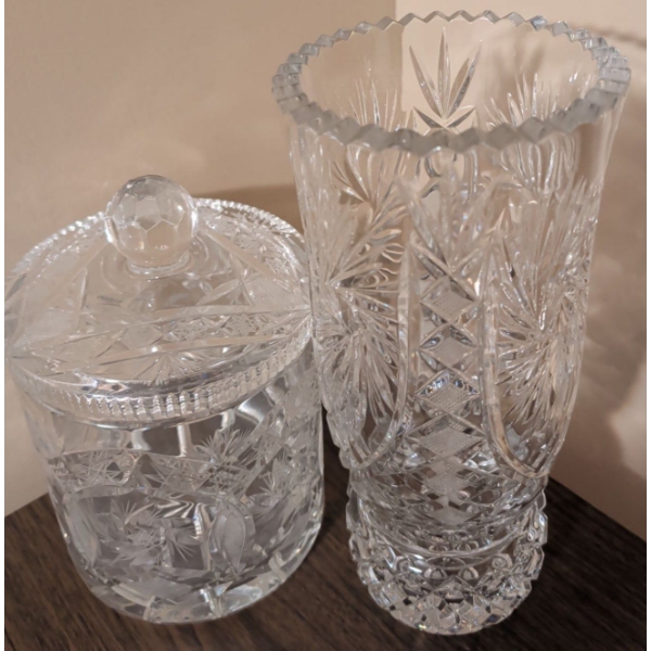 Vintage Bohemian Cut Crystal Biscuit Barrel & Matching Vase 15'Tall