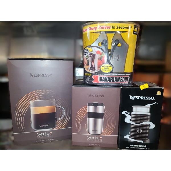 Nespresso: Aeroccino3, Vertuo: Clear Mug Set, Travel Mug - Bavarian Edge Knife Sharpener (All New)