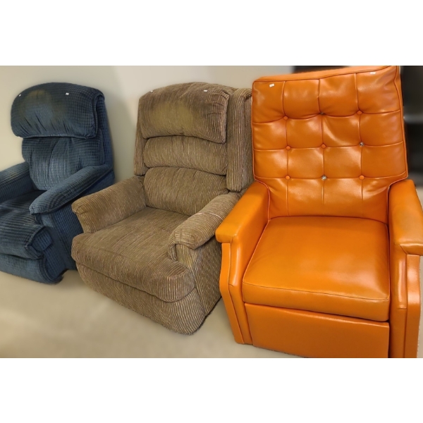 Chairs: Blue 38 w, 32 d, 40 h, Beige 36 w, 32 d, 38 h, Orange 32 w, 32 d, 37 h