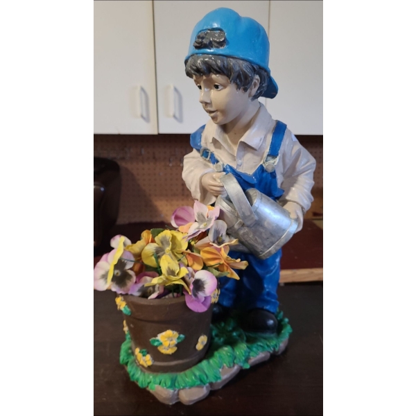 Painted Resin Statue of Boy with Flowers 18 T, 12 W, 7 L