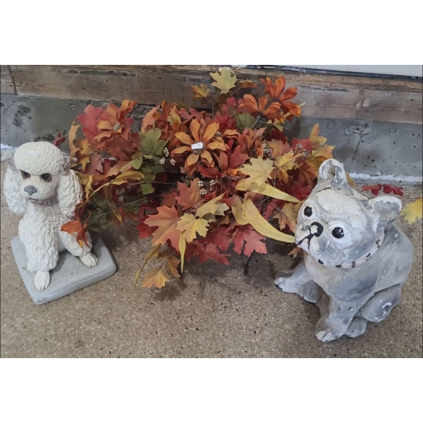 Outdoor Garden Dog Statues- Poodle 12 T, French Bulldog 16.5 T, Autumn Floral Arrangement 