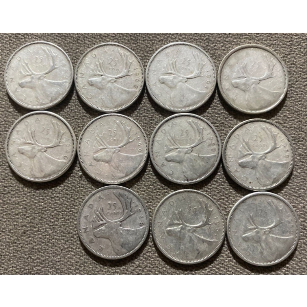 Canadian 25-cent Pieces 80% Silver 64.13 Grams