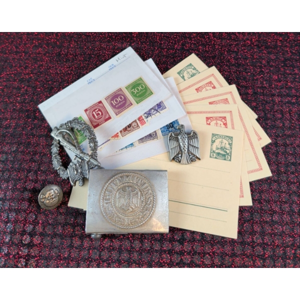  WWII German Collectibles Including Stamps, Belt Buckle and Pin