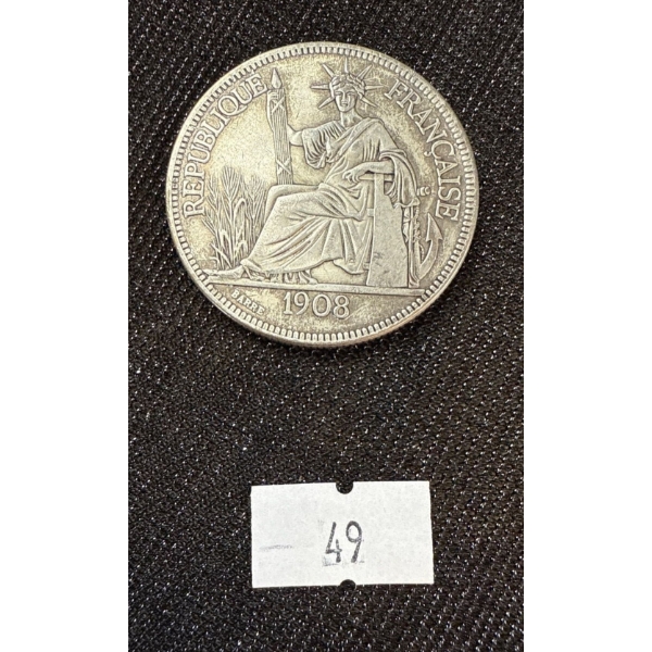 1908 French Indochina Silver 1 Piastre Coin