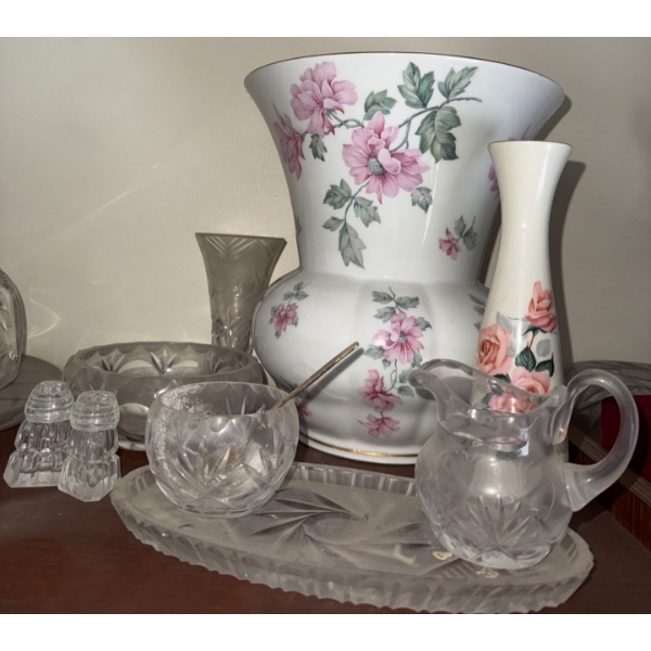 Vintage Cut Crystal Glassware - Decanter Butter Dish Candy Dish w/ Porcelain Cup & Saucer