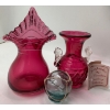Image 2 : Rossi Niagra Cranberry Art Glass Vase 5T, Vintage Cranberry Crimped Glass Vase w/ White Ribbon 7T