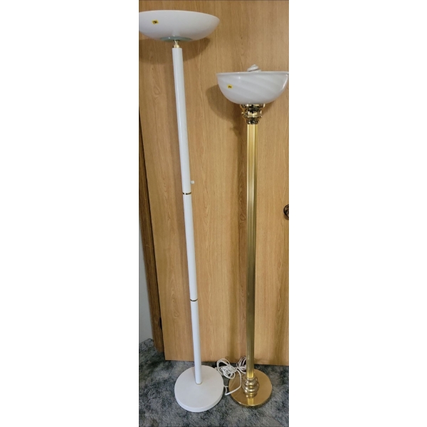 Pair Of Floor Lamps - Brass w/ Glass Shade & White Aluminum 6ft Tall