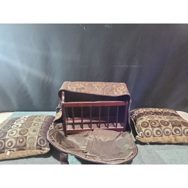 Pillows, Magazine Rack, and Storage Bag