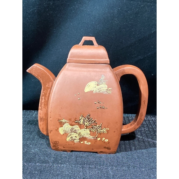 Large Red Clay Antique Teapot with Calligraphy/Scene