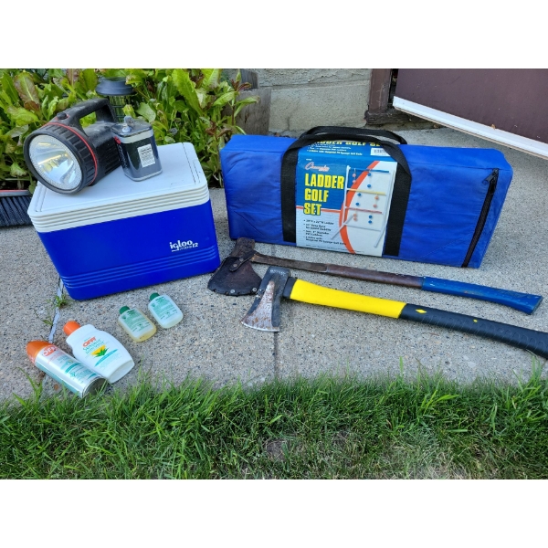 Camp Pack - Igloo Cooler Pair Of Axes New Ladder Golf Set Insect Repellant & More