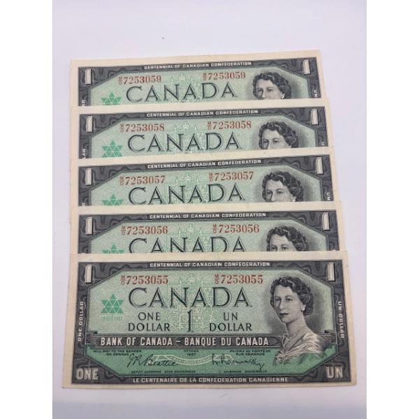 1954 Canadian one dollar uncirculated Set of 5 consecutive order M/O7253055-7253059

