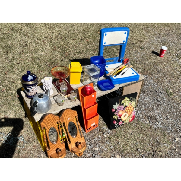Fishing boat seat, Tupperware, pickle container & bowls candle holders pillow picture frame & More