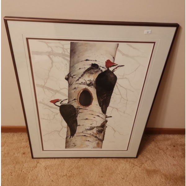 Numbered Print 41/ 300 of "Woodpeckers" 22.5 X 29 by Norma Bonar, Framed Under Glass