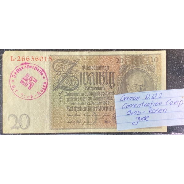 1929 German 20 Reichsmark Banknote Stamped Gros Rosen Concentration Camp